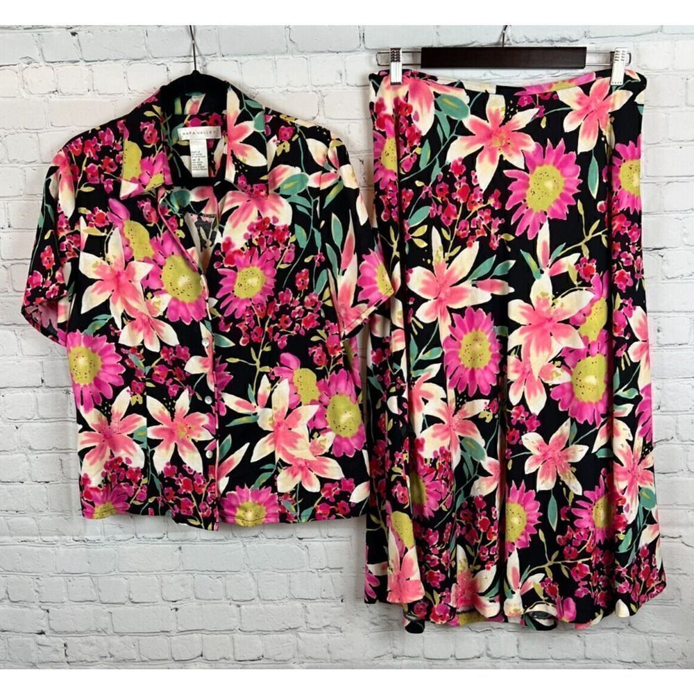 NAPA VALLEY black floral linen rayon blouse A-line beaded skirt suit 12-14